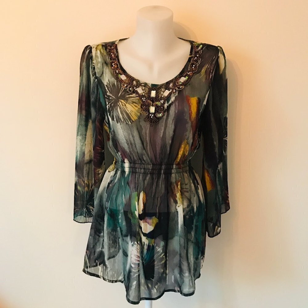 Mushka by Sienna Boho Tunic Rose Sheer Flowy Beaded Top Shirt Watercolor Print M